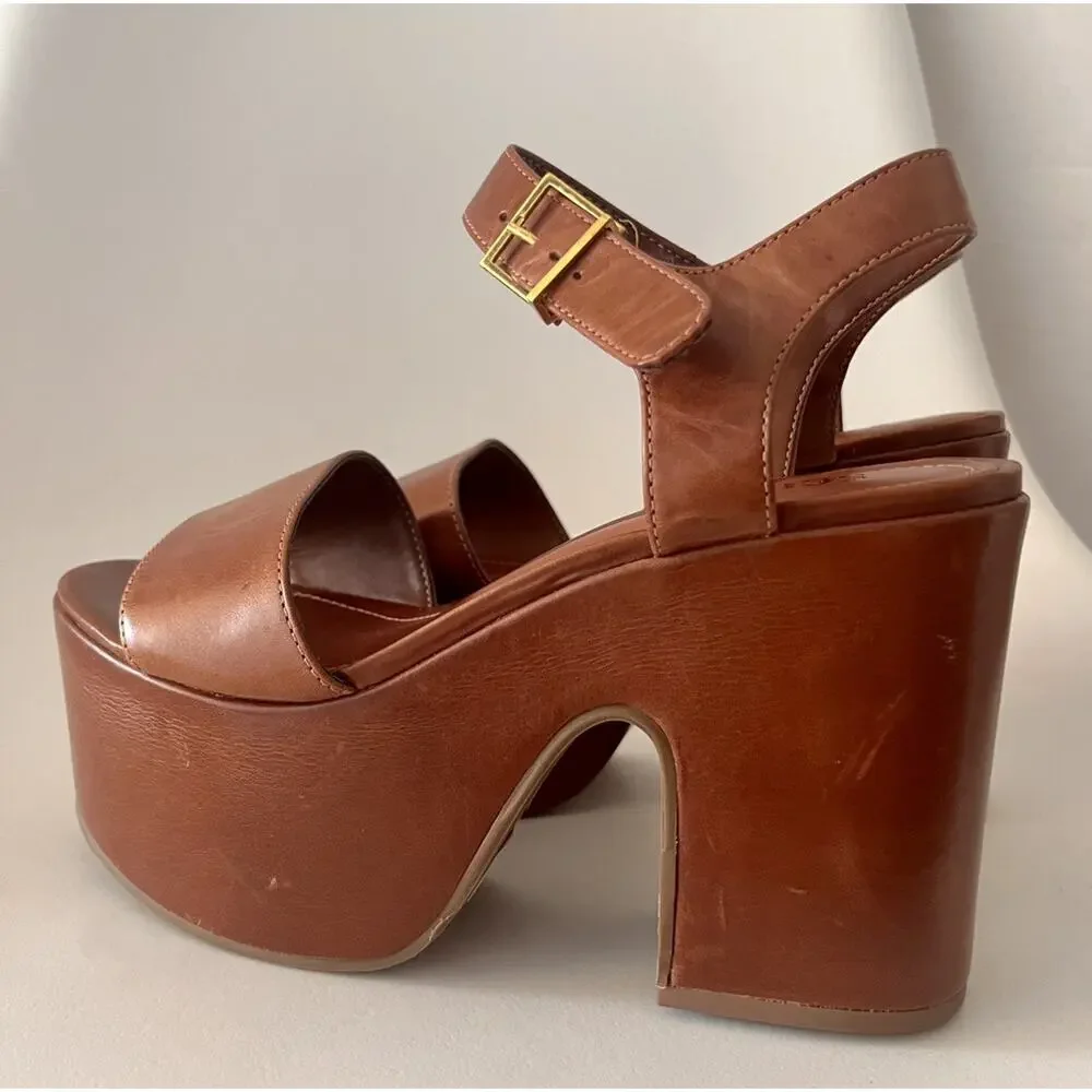 Schutz Tuke Platform Sandals Womens US 5.5 Cognac Brown Leather Chunky Heel NWOB
